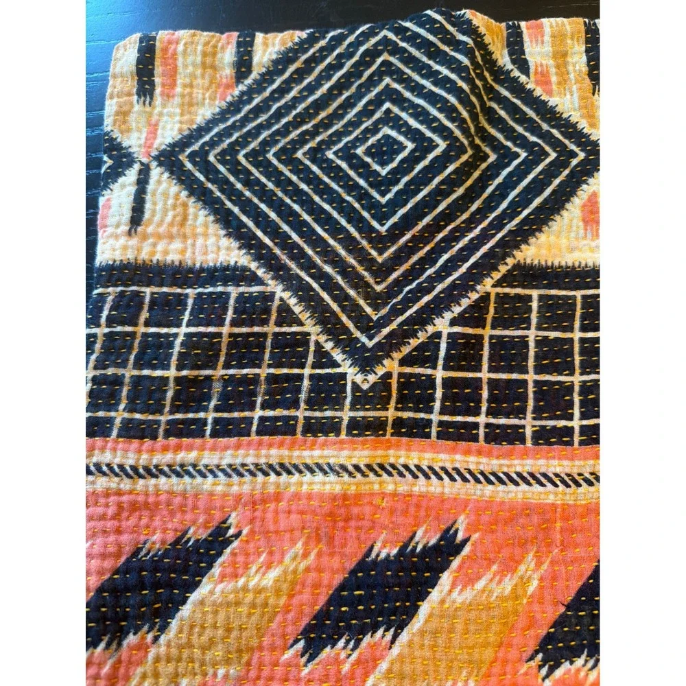 Pillow Cover Orange Black Kantha Stitch Geometric Tribal Boho Sham 23 x‎ 23 in